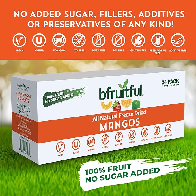 bfruitful Freeze-Dried Mango, Freeze Dried Fresh Fruit Bites, Gluten Free, Vegan, Dairy Free, Kosher, No Sugar Added, Non GMO, Healthy Snacks for Kids or Adults, Single-Serve Snack Packets, 24 Pack