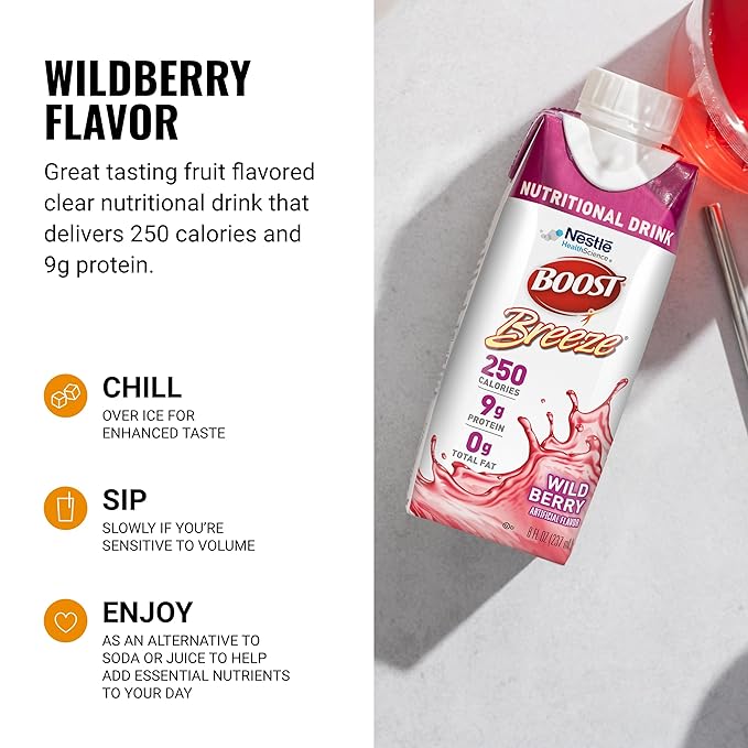 BOOST Breeze Clear Nutritional Drink - 250 Calories - 19 Vitamins & Minerals - 9 g Protein – Fortified Clear Nutritional Drink with Vitamin A & Zinc - Wild Berry Flavor - 8 fl oz (Pack of 24)