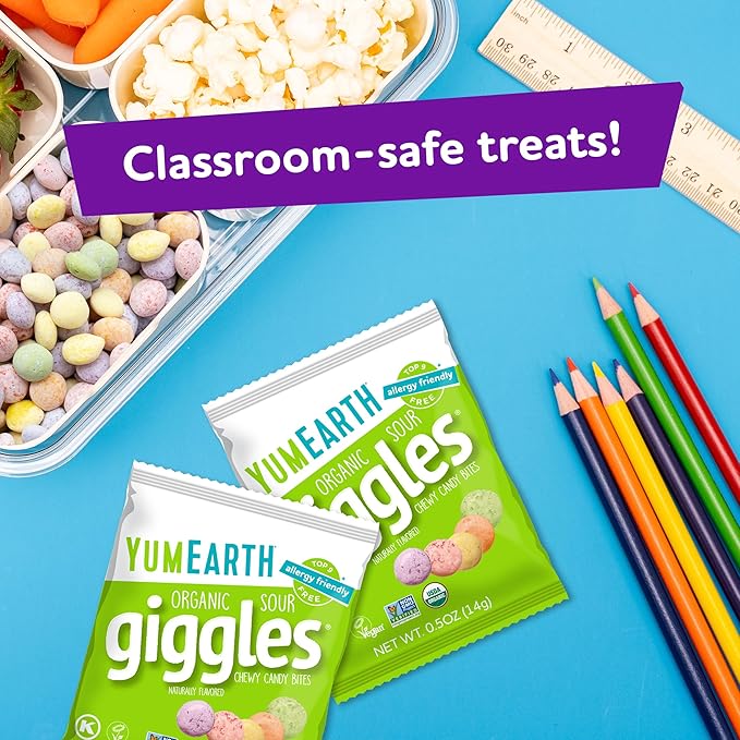 YumEarth Organic Sour Giggles Chewy Candy - Allergy Friendly (Top 9 Free), No Artificial Dyes or Flavors, Non GMO, Gluten Free, Vegan - Individually Wrapped Sour Snack Packs - 0.5 Ounce (Pack of 10)
