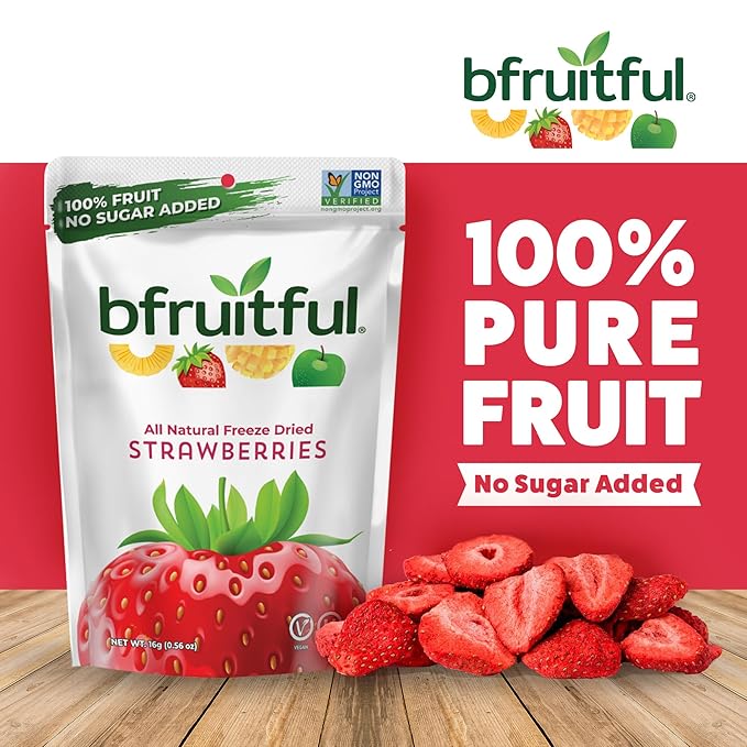 bfruitful Freeze-Dried Strawberries, Freeze Dried Fresh Fruit Bites, Gluten Free, Vegan, Dairy Free, Kosher, No Sugar Added, Non GMO, Healthy Snacks for Kids or Adults, Single-Serve Snack Packets, 24 Pack