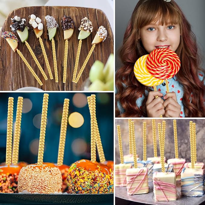 Bling Sticks for Candy Apples, 26Pcs Caramel Apple Wooden Pointed Skewers with 26Pcs Glass Bag and 22Yd Glitter Ribbons Tie, Fruit Cake Pop Chocolate Sliver Crystal Bamboo Sticks for Party Favor