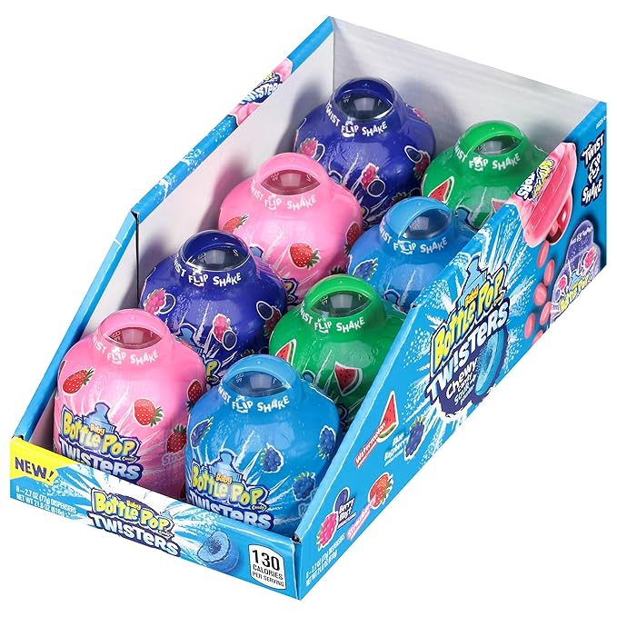 Baby Bottle Pop Twisters Chewy Candy, 8 Ct Sweet Candy with Chewy Sour Center in Twisting Containers, Full Size, Individually Wrapped Fun Bulk Assortment For Kids Party Favors, Toys, Goodie Bags