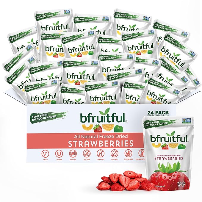 bfruitful Freeze-Dried Strawberries, Freeze Dried Fresh Fruit Bites, Gluten Free, Vegan, Dairy Free, Kosher, No Sugar Added, Non GMO, Healthy Snacks for Kids or Adults, Single-Serve Snack Packets, 24 Pack
