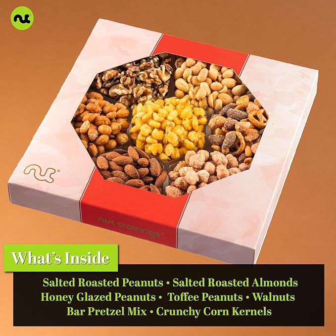 NUT CRAVINGS - Mixed Nuts Gift Basket in Red Gold Classic Box (7 Assortments, 1 LB) Food Arrangement, Healthy Snack Care Package, Food Assortments