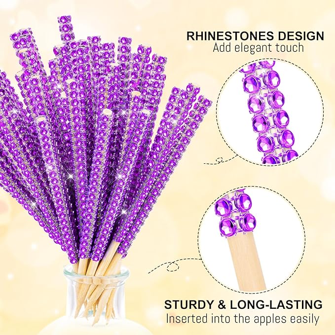 Bling Sticks for Candy Apples, 26Pcs Caramel Apple Wooden Pointed Skewers with 26Pcs Glass Bag and 22Yd Glitter Ribbons Tie, Fruit Cake Pop Chocolate Purple Crystal Bamboo Sticks for Party Favor