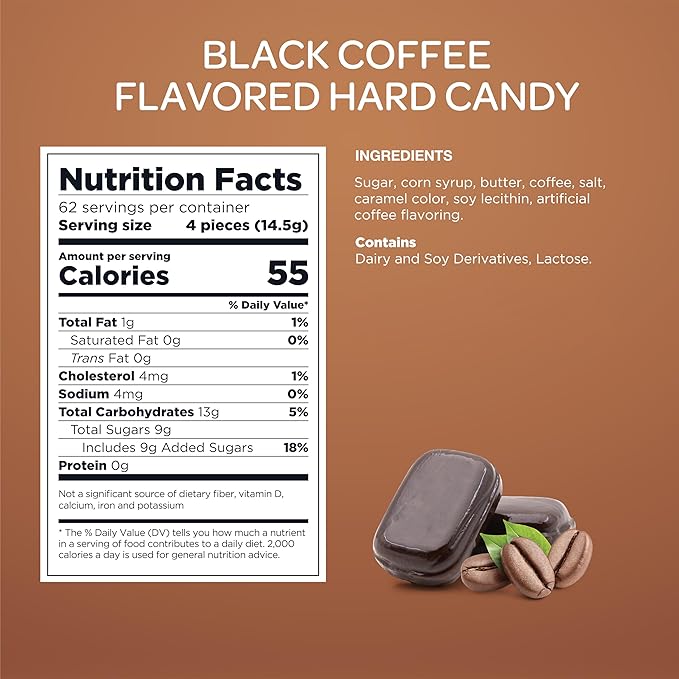 Black Coffee Flavored Hard Candy - 2 Pound Bulk Pack (About 245 Count) - Contains Caffeine - Individually Wrapped