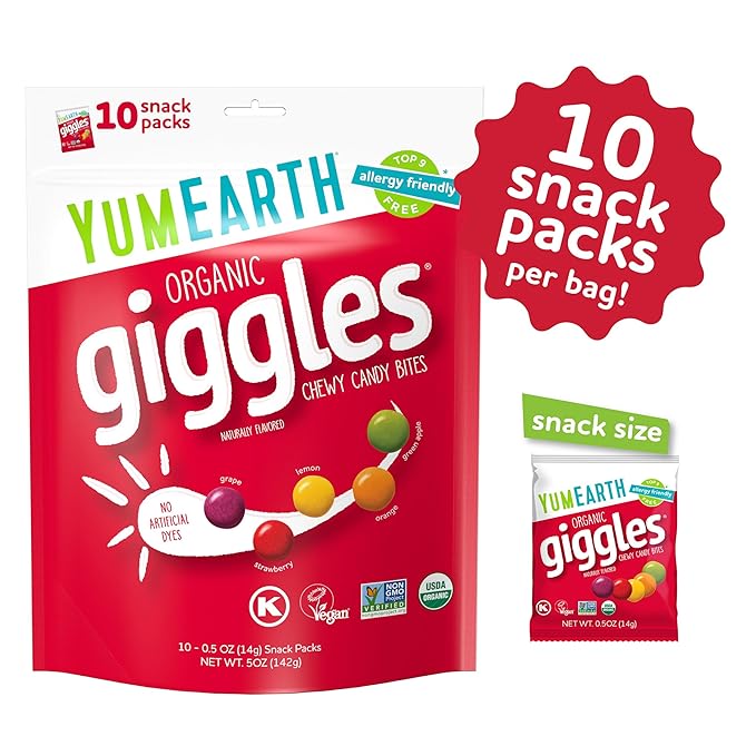 YumEarth Organic Giggles Chewy Candy – Allergy Friendly, No Artificial Dyes, Non GMO, Gluten Free, Fruit Flavored, Vegan Candy Snacks with No Artificial Flavors, 0.5 oz (Pack of 120)
