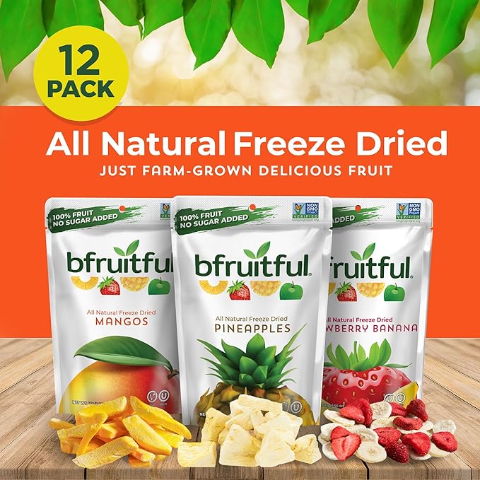 bfruitful Freeze-Dried Mangos, Strawberry Bananas, Pineapples Variety Pack, Freeze Dried Fresh Fruit Bites, Gluten Free, Vegan, Dairy Free, Kosher, No Sugar Added, Non GMO, Healthy Snacks for Kids or Adults, Single-Serve Snack Packets, 12 Pack