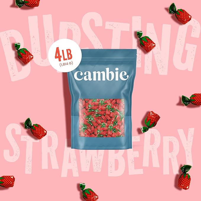Strawberry Hard Candy Individually Wrapped by Cambie, 4 lbs of Strawberry Candy with a Deliciously Sweet Hard Exterior with a Soft, Fruit-Filled Center