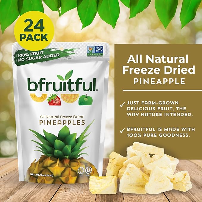bfruitful Freeze-Dried Pineapple, Freeze Dried Fresh Fruit Bites, Gluten Free, Vegan, Dairy Free, Kosher, No Sugar Added, Non GMO, Healthy Snacks for Kids or Adults, Single-Serve Snack Packets, 24 Pack