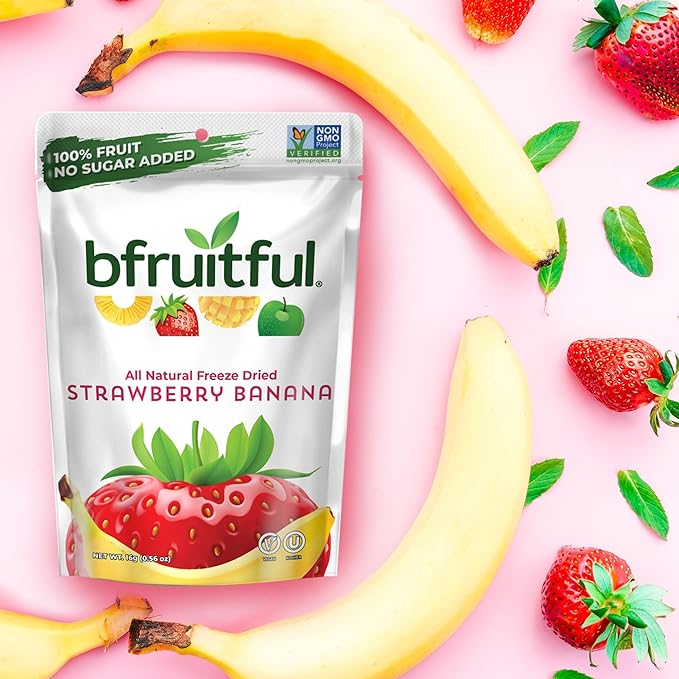 bfruitful Freeze-Dried Strawberry Banana, Freeze Dried Fresh Fruit Bites, Gluten Free, Vegan, Dairy Free, Kosher, No Sugar Added, Non GMO, Healthy Snacks for Kids or Adults, Single-Serve Snack Packets, 12 Pack