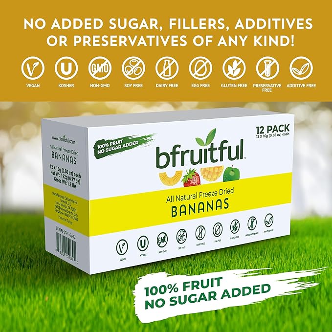 bfruitful Freeze-Dried Banana, Freeze Dried Fresh Fruit Bites, Gluten Free, Vegan, Dairy Free, Kosher, No Sugar Added, Non GMO, Healthy Snacks for Kids or Adults, Single-Serve Snack Packets, 12 Pack