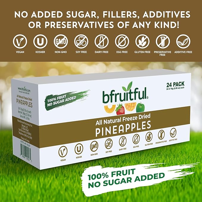bfruitful Freeze-Dried Pineapple, Freeze Dried Fresh Fruit Bites, Gluten Free, Vegan, Dairy Free, Kosher, No Sugar Added, Non GMO, Healthy Snacks for Kids or Adults, Single-Serve Snack Packets, 24 Pack