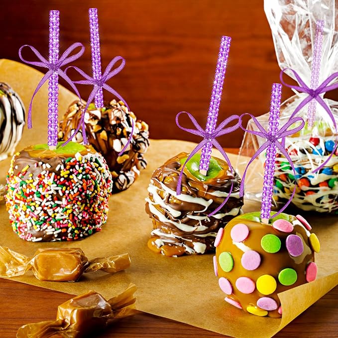 Bling Sticks for Candy Apples, 26Pcs Caramel Apple Wooden Pointed Skewers with 26Pcs Glass Bag and 22Yd Glitter Ribbons Tie, Fruit Cake Pop Chocolate Purple Crystal Bamboo Sticks for Party Favor