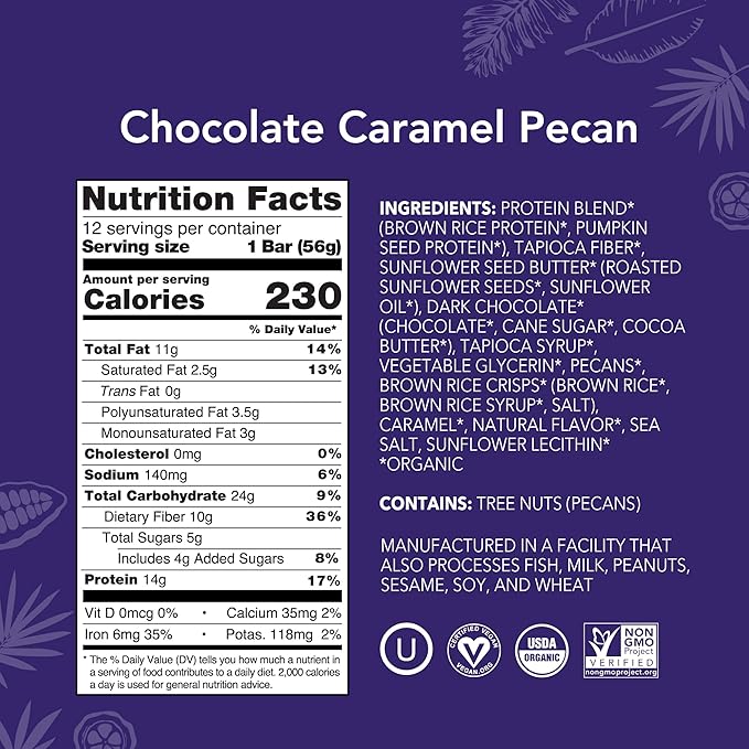 ALOHA Organic Plant Based Protein Bars | Chocolate Caramel Pecan | 12 Count, 1.98oz Bars | Vegan, Low Sugar, Gluten Free, Paleo Friendly, Low Carb, Non-GMO, Stevia Free, Soy Free, No Sugar Alcohol Sweeteners