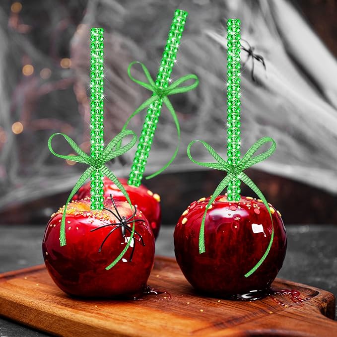 Bling Sticks for Candy Apples, 26Pcs Caramel Apple Wooden Pointed Skewers with 26Pcs Glass Bag and 22Yd Glitter Ribbons Tie, Fruit Cake Pop Chocolate Green Crystal Bamboo Sticks for Party Favor