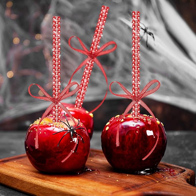 Bling Sticks for Candy Apples, 26Pcs Caramel Apple Wooden Pointed Skewers with 26Pcs Glass Bag and 22Yd Glitter Ribbons Tie, Fruit Cake Pop Chocolate Red Crystal Bamboo Sticks for Party Favor
