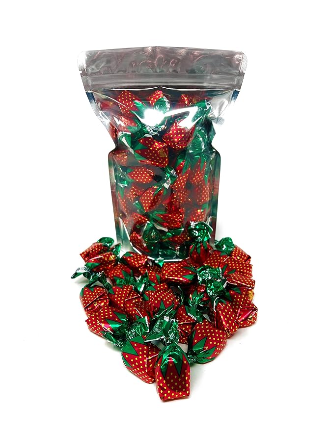 Strawberry Hard Candy Filled With Real Fruit Pulp - 1 lbs - Strawberry Flavored Bon Bons Filled with Real Strawberry Pulp - American Vintage Candy Snack Assortment - Individually Wrapped, 16 oz.