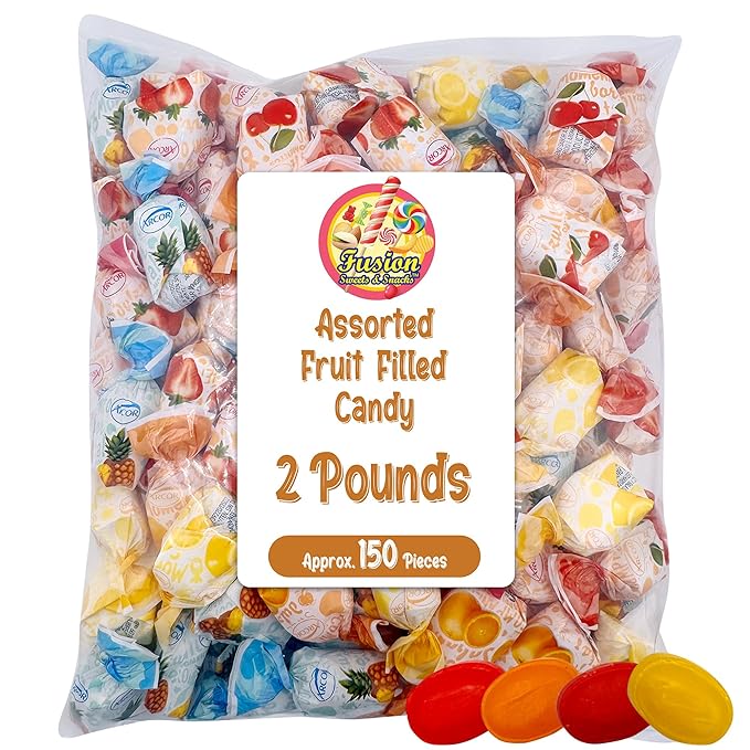 Fruit Filled Hard Candy - Assorted 2 Pounds Bulk Bag, Arcor Bon Bon Fruitfuls candy, Individually Wrapped Hard Candy
