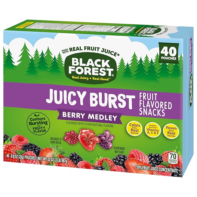 Black Forest Juicy Burst Fruit Snacks, Berry Medley, 0.8 Ounce Pouches (40 Count) (Pack of 2)