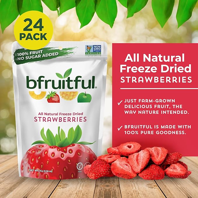 bfruitful Freeze-Dried Strawberries, Freeze Dried Fresh Fruit Bites, Gluten Free, Vegan, Dairy Free, Kosher, No Sugar Added, Non GMO, Healthy Snacks for Kids or Adults, Single-Serve Snack Packets, 24 Pack