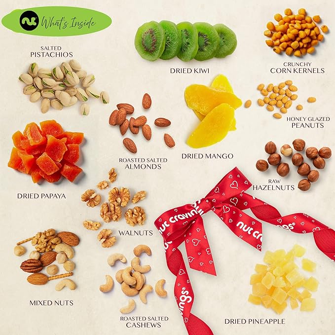 NUT CRAVINGS - Rosh Hashana & Shana Tova Dried Fruit & Mixed Nuts Gift Basket in Reusable Wooden Tray + Ribbon (12 Assortments) Food Arrangement, Healthy Snack Care Package, Food Assortments