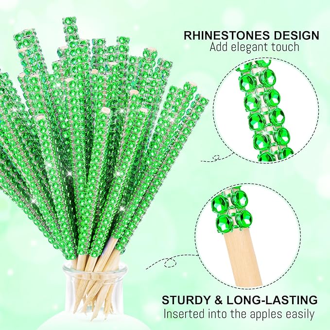 Bling Sticks for Candy Apples, 26Pcs Caramel Apple Wooden Pointed Skewers with 26Pcs Glass Bag and 22Yd Glitter Ribbons Tie, Fruit Cake Pop Chocolate Green Crystal Bamboo Sticks for Party Favor