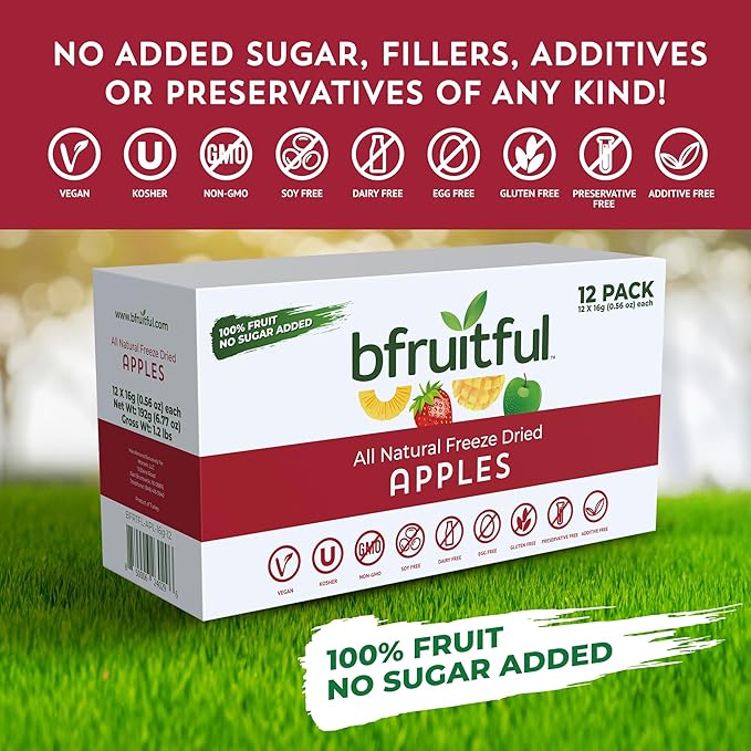 bfruitful Freeze-Dried Apple, Freeze Dried Fresh Fruit Bites, Gluten Free, Vegan, Dairy Free, Kosher, No Sugar Added, Non GMO, Healthy Snacks for Kids or Adults, Single-Serve Snack Packets, 12 Pack