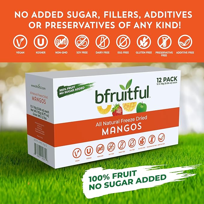 bfruitful Freeze-Dried Mango, Freeze Dried Fresh Fruit Bites, Gluten Free, Vegan, Dairy Free, Kosher, No Sugar Added, Non GMO, Healthy Snacks for Kids or Adults, Single-Serve Snack Packets, 12 Pack