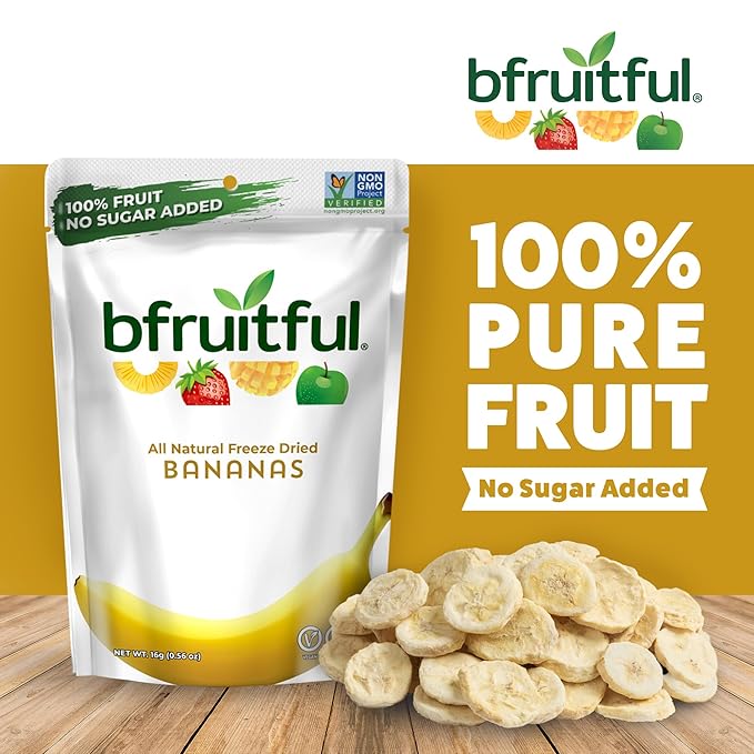 bfruitful Freeze-Dried Banana, Freeze Dried Fresh Fruit Bites, Gluten Free, Vegan, Dairy Free, Kosher, No Sugar Added, Non GMO, Healthy Snacks for Kids or Adults, Single-Serve Snack Packets, 12 Pack