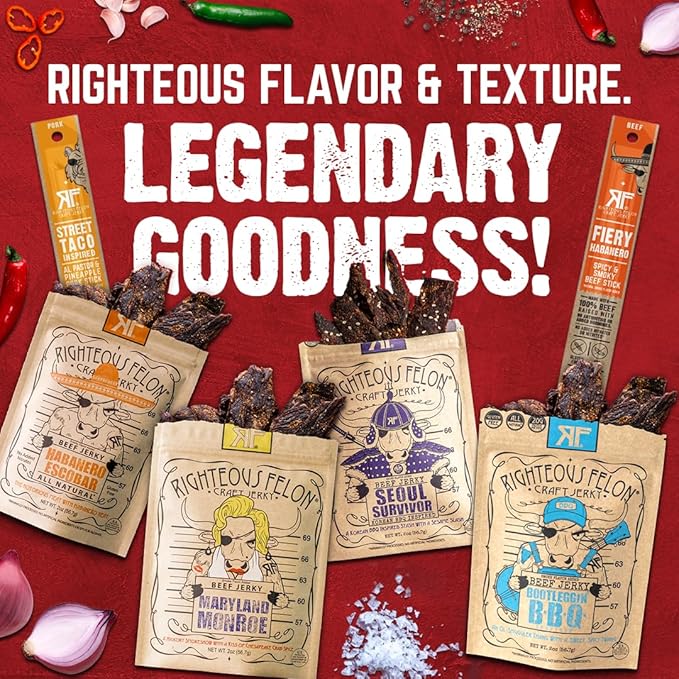 Righteous Felon Beef Jerky & Meat Sticks Variety Pack | Gluten Free Beef Jerky Snack Packs for Adults | High Protein, Keto, Low Sugar | Made with Premium Meats | Gifts for Men | Spicy Jerky 6 Pack