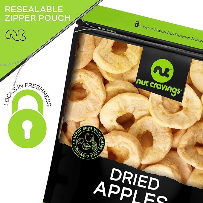 NUT CRAVINGS - Dried Apple Rings Slices, No Sugar Added - Chewy Soft Texture (6oz, 1 Pack) Bulk Dry Fruits Packed Fresh in Resealable Bag - Sweet Healthy Snack, Naturally Grown, Vegan, Kosher
