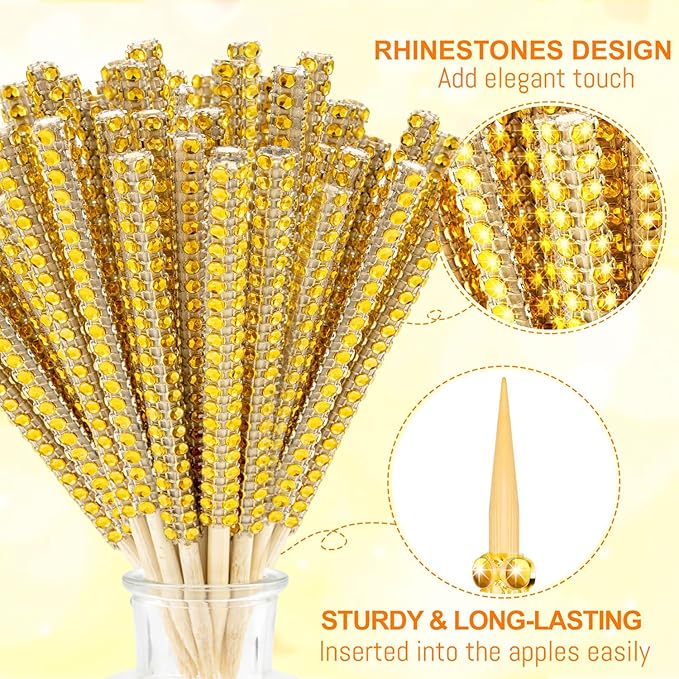Bling Sticks for Candy Apples, 26Pcs Caramel Apple Wooden Pointed Skewers with 26Pcs Glass Bag and 22Yd Glitter Ribbons Tie, Fruit Cake Pop Chocolate Sliver Crystal Bamboo Sticks for Party Favor