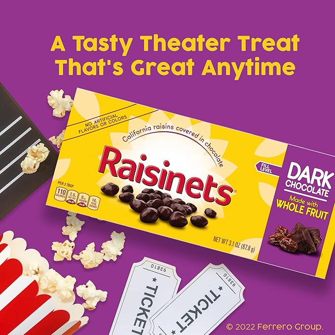 Raisinets, Dark Chocolate Covered California Raisins, Movie Theater Candy Box, 3.1 oz each, Bulk 15 Pack
