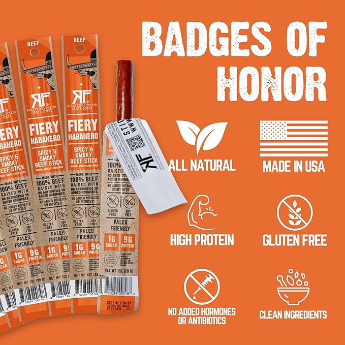 Righteous Felon Meat Sticks | 100% Beef Sticks | Gluten Free & Keto Meat Sticks | Low Sugar & High Protein Beef Sticks | Healthy Snack for Adults | Jerky Gifts for Men | Fiery Habanero, 24 Pack
