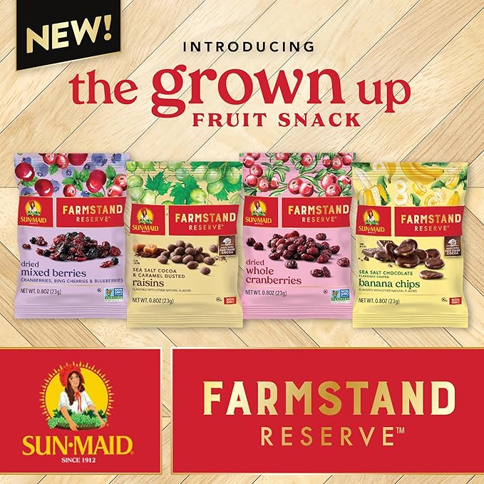 Sun-Maid Farmstand Reserve 24 Count Variety Pack - 0.8 oz Snack Bag – (12) Sea Salt Cocoa & Caramel Dusted Raisins + (12) Sea Salt Chocolate Coated Banana Chips (Amazon Exclusive)
