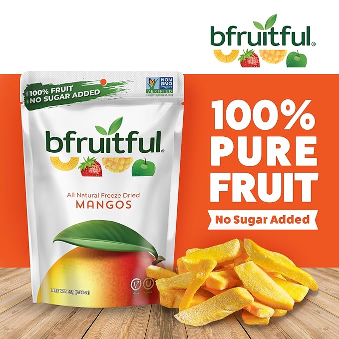 bfruitful Freeze-Dried Mango, Freeze Dried Fresh Fruit Bites, Gluten Free, Vegan, Dairy Free, Kosher, No Sugar Added, Non GMO, Healthy Snacks for Kids or Adults, Single-Serve Snack Packets, 24 Pack