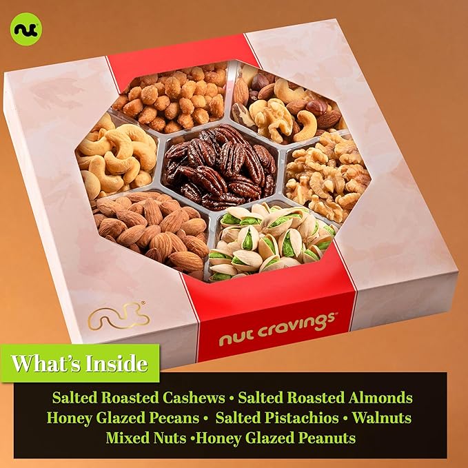 NUT CRAVINGS - Mixed Nuts Gift Basket in Red Gold Box (7 Assortments, 2 LB) Food Arrangement, Healthy Snack Care Package, Food Assortments