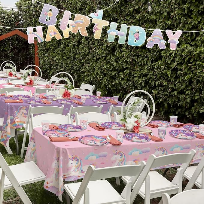 birthday Party Supplies Kit for 24 Guests - for Unicorn Birthday Decorations, Includes Dinner & Dessert Plates, Napkins, Cups, Banner and Tablecloth for Unicorn 1st Birthday Party Decorations