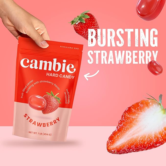 Strawberry Hard Candy Individually Wrapped by Cambie, 1 lb of Strawberry Candy with a Deliciously Sweet Hard Exterior with a Soft, Fruit-Filled Center