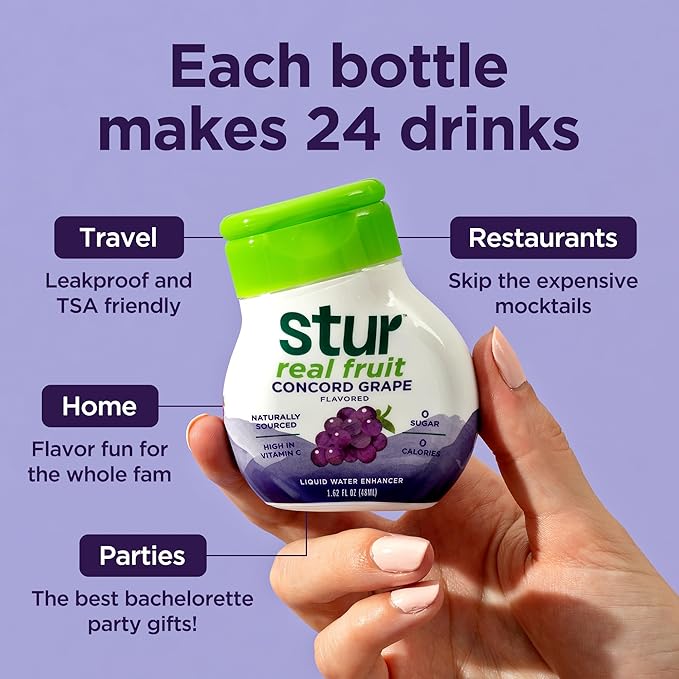 Stur Liquid Water Enhancer | Concord Grape | Naturally Sweetened | High in Vitamin C & Antioxidants | Sugar Free | Zero Calories | Keto | Vegan | 5 Bottles, Makes 120 Drinks