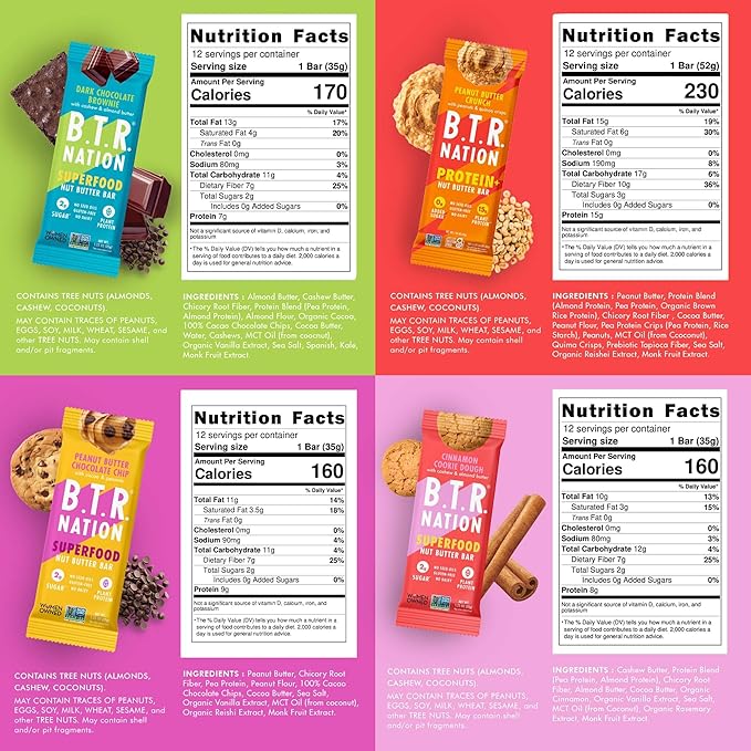 B.T.R. Nation Superfood Keto Protein Bars - Plant Based Vegan Protein | (4 Pack) (Sampler Pack) | Low Carb Food, Low Calorie, Gluten Free, No Sugar Alcohols, Boosted with Superfoods!