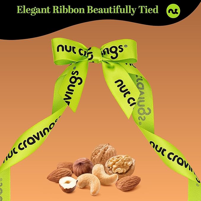NUT CRAVINGS - Mixed Nuts Gift Basket in Reusable Diamond Wooden Tray + Green Ribbon (13 Assortments) Food Arrangement, Healthy Snack Care Package, Food Assortments