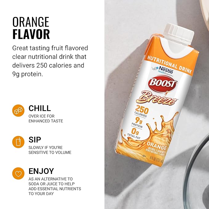 BOOST Breeze Clear Nutritional Drink - 250 Calories - 19 Vitamins & Minerals - 9 g Protein – Fortified Clear Nutritional Drink with Vitamin A & Zinc - Orange Flavor - 8 fl oz (Pack of 24)