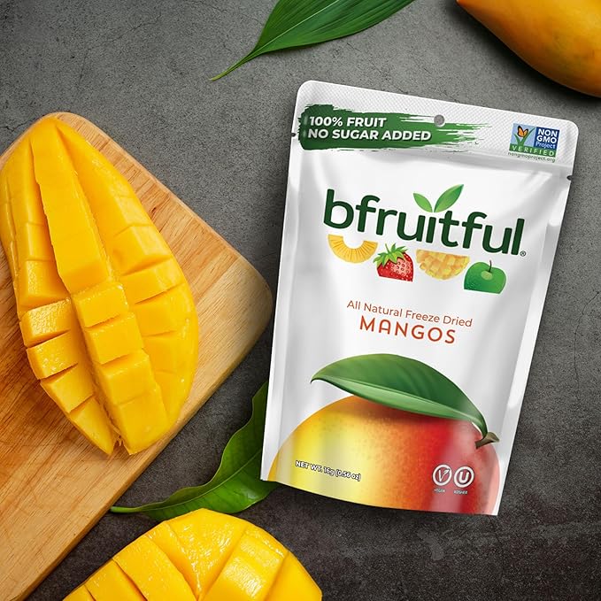 bfruitful Freeze-Dried Mango, Freeze Dried Fresh Fruit Bites, Gluten Free, Vegan, Dairy Free, Kosher, No Sugar Added, Non GMO, Healthy Snacks for Kids or Adults, Single-Serve Snack Packets, 24 Pack