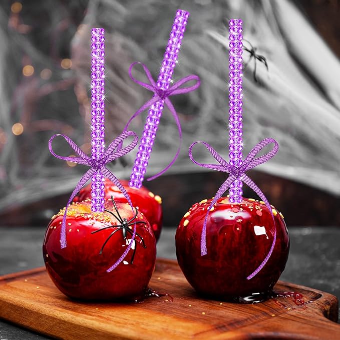 Bling Sticks for Candy Apples, 26Pcs Caramel Apple Wooden Pointed Skewers with 26Pcs Glass Bag and 22Yd Glitter Ribbons Tie, Fruit Cake Pop Chocolate Purple Crystal Bamboo Sticks for Party Favor