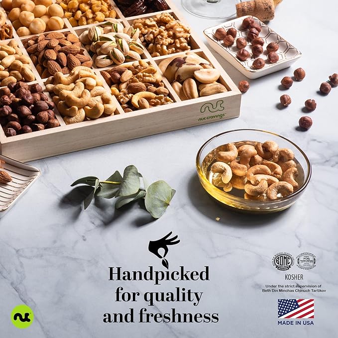 NUT CRAVINGS Gourmet Collection - Get Well Soon, Nuts Gift Basket with Get Well Soon Ribbon in Reusable Wooden Tray (12 Assortments) Food Arrangement, Healthy Snack Care Package, Food Assortments