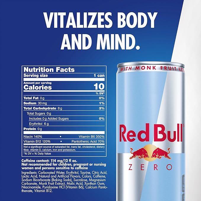 Red Bull Zero Energy Drink, 12 fl. oz., with 114mg Caffeine, Taurine & B Vitamins, 6 Packs of 4 Cans, Pack of 24