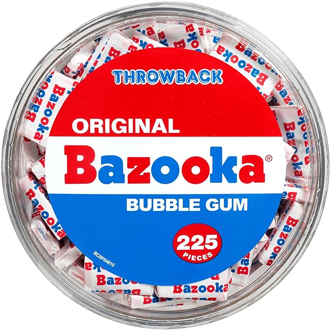 Bazooka Bubble Gum Bulk, 225 Count Tub of Chewing Gum Individually Wrapped, Old Fashioned 90's Candy for Baseball, Party Favors, Goodie Bags