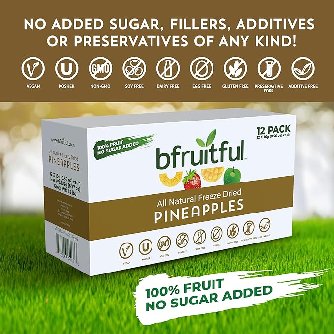 bfruitful Freeze-Dried Pineapple, Freeze Dried Fresh Fruit Bites, Gluten Free, Vegan, Dairy Free, Kosher, No Sugar Added, Non GMO, Healthy Snacks for Kids or Adults, Single-Serve Snack Packets, 12 Pack
